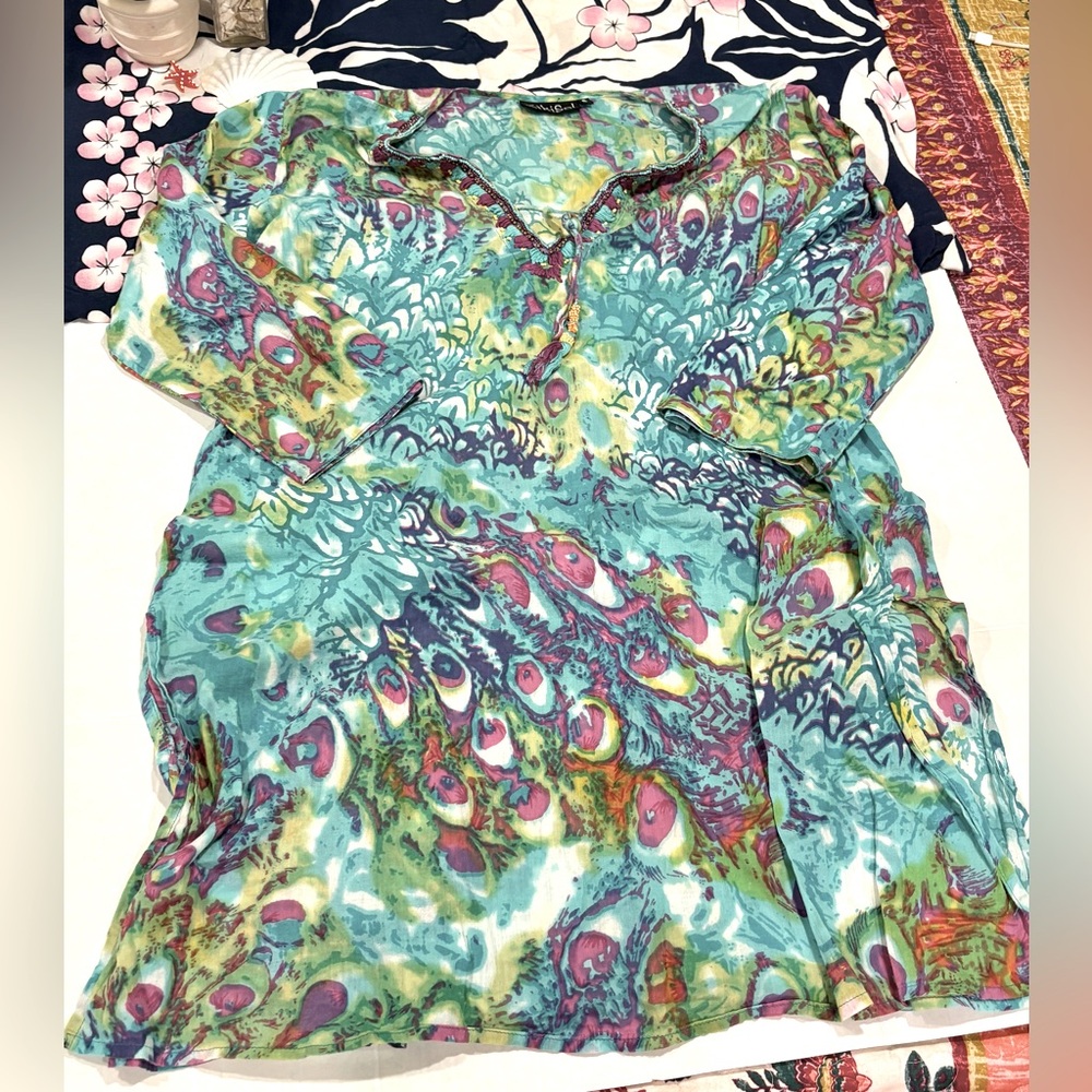 Kikisol Blue Peacock Beaded Tunic Woman’s Size S